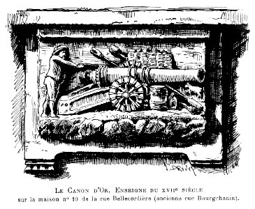 Le Lyon de nos pères, Vingtrinier et Drevet, 1901, page 019, dessin de Joannès Drevet, le Canon d'Or, enseigne du XVIIe siècle