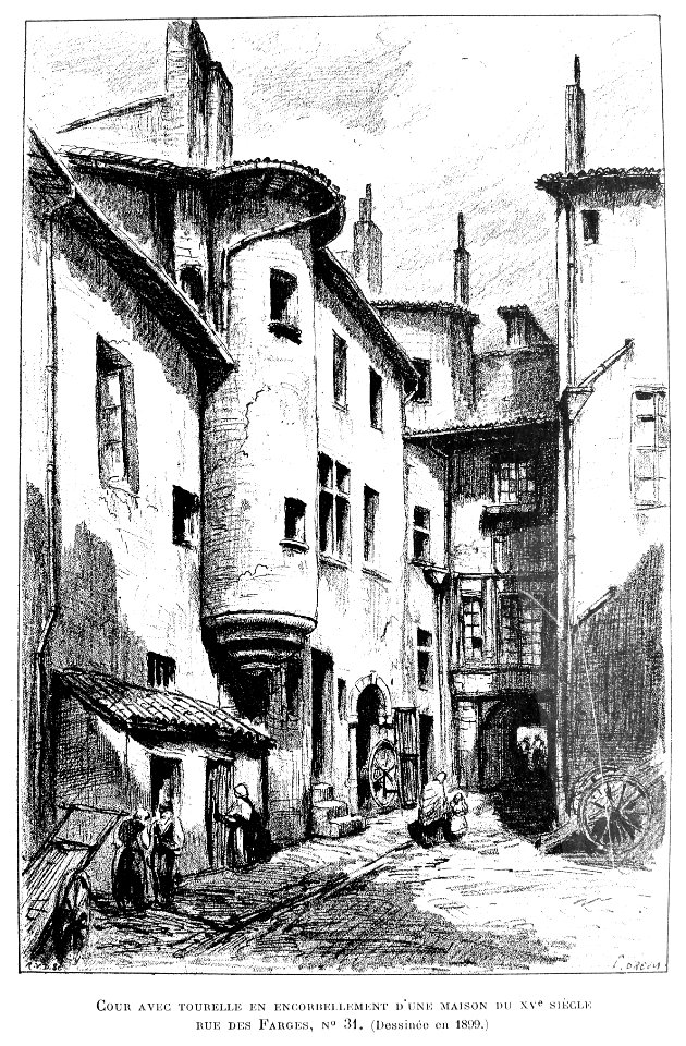 Le Lyon de nos pères, Vingtrinier et Drevet, 1901, page 078, Rougeron-Vignerot-Demoulin et Joannès Drevet, cour avec tourelle en encorbellement d'une maison du XVe siècle