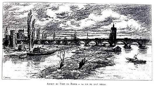 Le Lyon de nos pères, Vingtrinier et Drevet, 1901, page 009, dessin de Joannès Drevet, aspect du pont du Rosne à la fin du XVIe siècle photo