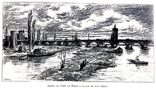 Le Lyon de nos pères, Vingtrinier et Drevet, 1901, page 009, dessin de Joannès Drevet, aspect du pont du Rosne à la fin du XVIe siècle
