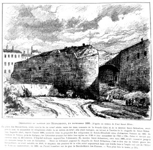 Le Lyon de nos pères, Vingtrinier et Drevet, 1901, page 324, dessin de Joannès Drevet, démolition du bastion des Bernardines, en septembre 1866