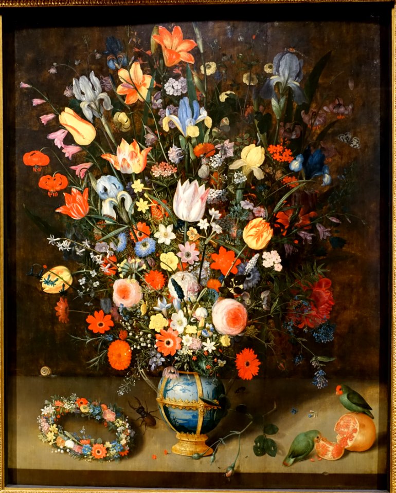 Large bunch of flowers with two parrots, by Peter Binoit, Frankfurt am Main, 1620, oil on oak - Hessisches Landesmuseum Darmstadt - Darmstadt, Germany - DSC01266