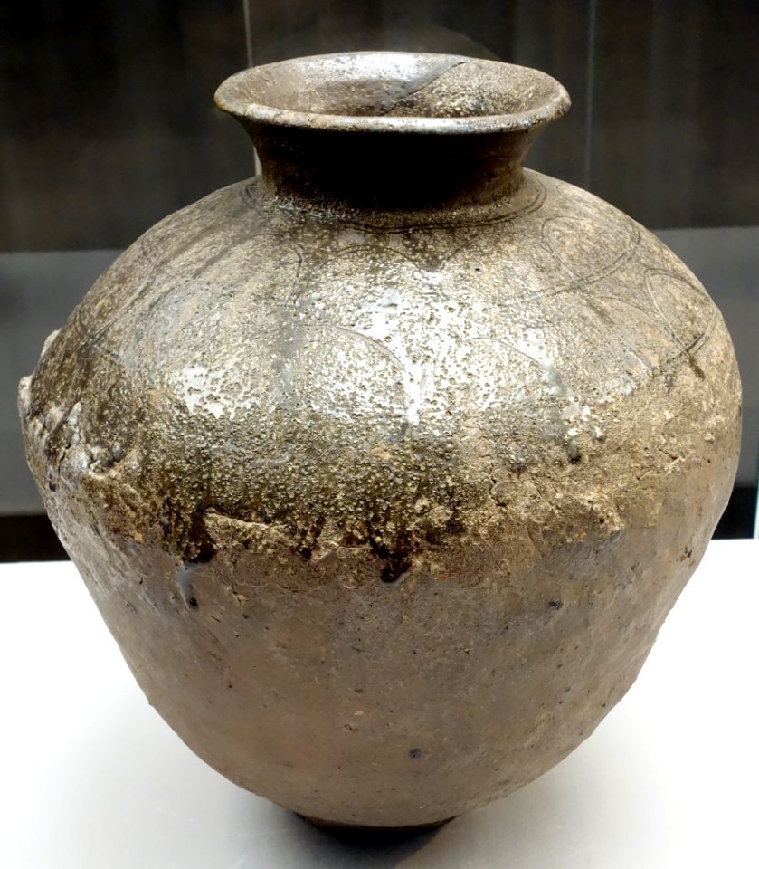 Large jar, Atsumi ware, Heian period, 12th century, lotus petal design and natural glaze, excavated from Kanukiyama sutra mound, Numazu-shi, Shizuoka - Tokyo National Museum - DSC05232