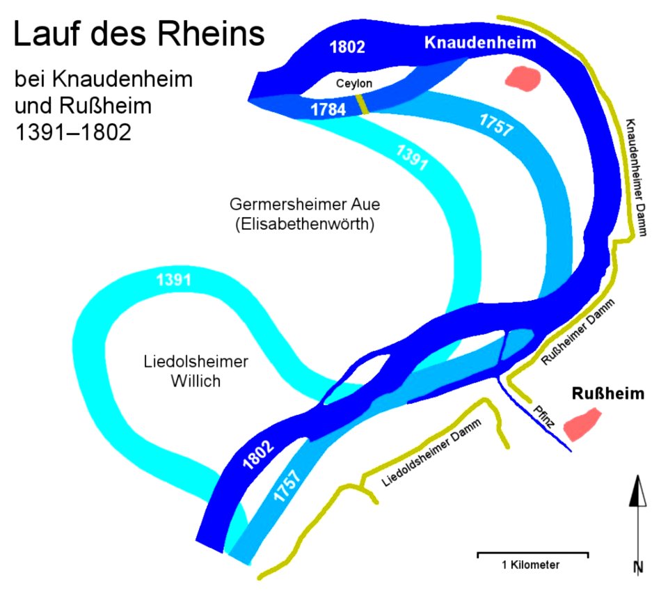 Lauf des Rheins bei Knaudenheim und Rußheim 1391-1802
