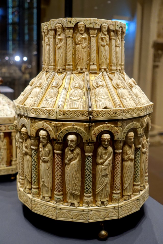 Large tower reliquary, view 2, Köln, 1175-1200 AD, bone, wood, copper, bronze, brown varnish - Hessisches Landesmuseum Darmstadt - Darmstadt, Germany - DSC00350