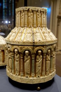 Large tower reliquary, view 2, Köln, 1175-1200 AD, bone, wood, copper, bronze, brown varnish - Hessisches Landesmuseum Darmstadt - Darmstadt, Germany - DSC00350