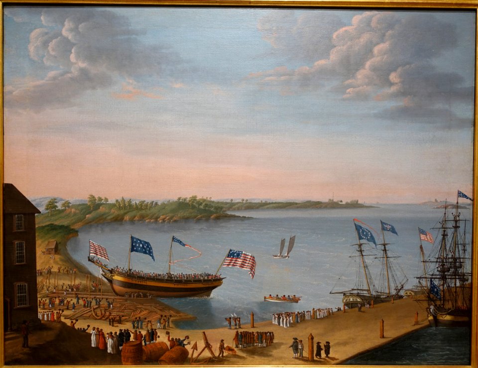 Launching of the Ship Fame, by George Ropes Jr., Salem Harbor in Salem MA, 1802, oil on canvas - Peabody Essex Museum - DSC07202