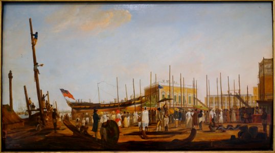 Launching of an Armed Merchantman in Calcutta Harbor, by Frans Balthazar Solvyns, 1798, oil on panel - Peabody Essex Museum - DSC07263