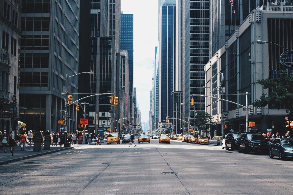 Traffic busy skyscrapers
