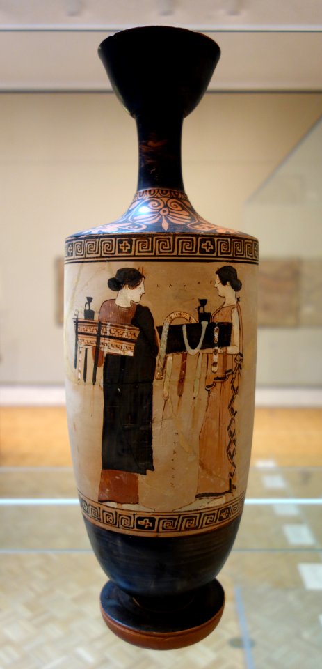 Lekythos with women going to cemetery, view 1, near the Timokrates Painter, Greek, Attica, c. 460 BC, ceramic, red figure decoration on white ground - Chazen Museum of Art - DSC02692