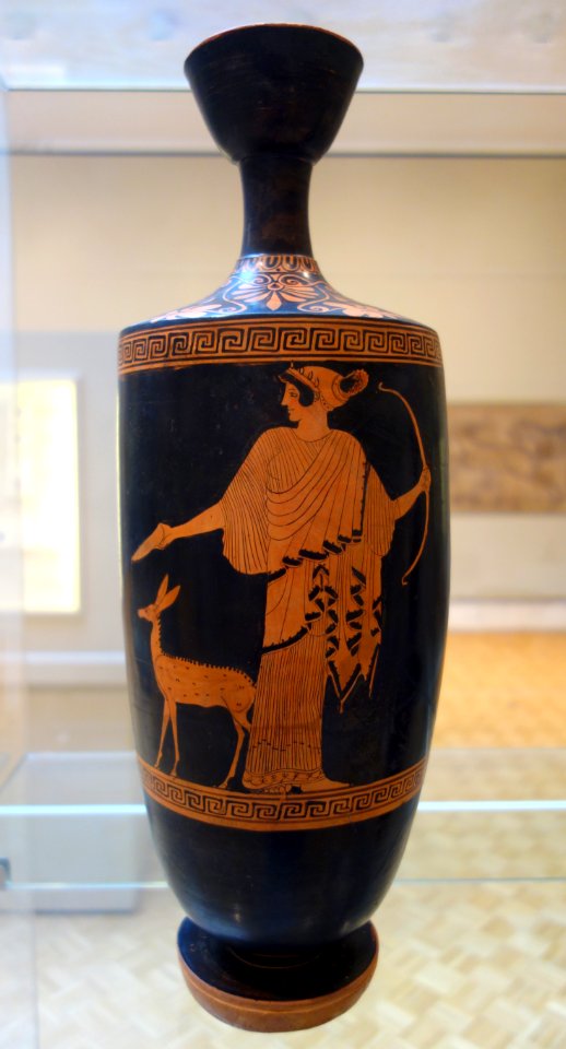 Lekythos with Artemis pouring libation and faun, view 1, Oreithyia Painter, Greek, Attica, c. 470 BC, ceramic, red figure decoration - Chazen Museum of Art - DSC02700