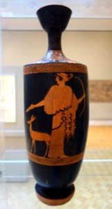 Lekythos with Artemis pouring libation and faun, view 1, Oreithyia Painter, Greek, Attica, c. 470 BC, ceramic, red figure decoration - Chazen Museum of Art - DSC02700