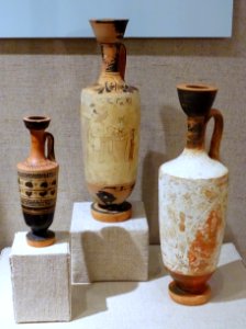Lekythoi, Greek, left probably by Beldam Workshop, 475-450 BC, center and right 450-425 BC, all white ground terracotta - Spurlock Museum, UIUC - DSC05784