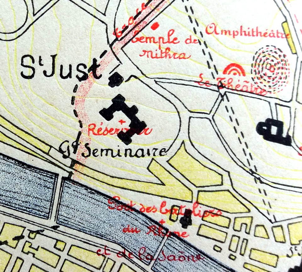 Les Aqueducs antiques de Lyon, Montauzan, 1909, pages 8 et 9, plan de Lyon, détail sur le réservoir du Grand Séminaire