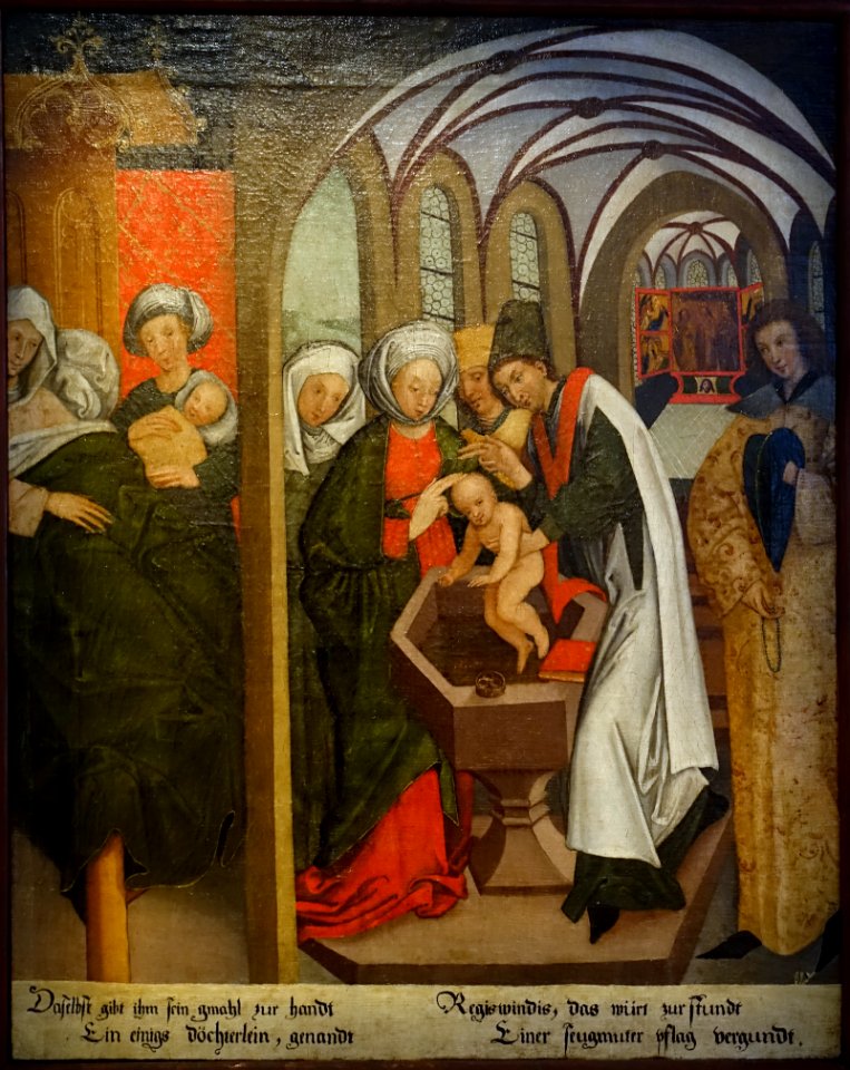 Legend of St. Regiswindis, No. 2, Birth and baptism of Regiswindis, Lauffen am Neckar, Kreis Heilbronn, copy c. 1620 of the 1477 original - Landesmuseum Württemberg - Stuttgart, Germany - DSC03016