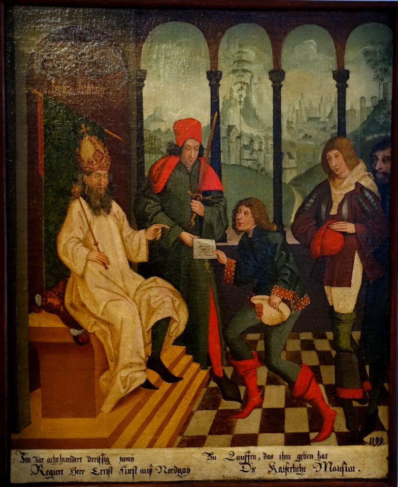 Legend of St. Regiswindis, No. 1, Her father, Markgraf Ernst von Bayern, Lauffen am Neckar, Kreis Heilbronn, copy c. 1620 of the 1477 original - Landesmuseum Württemberg - Stuttgart, Germany - DSC03019