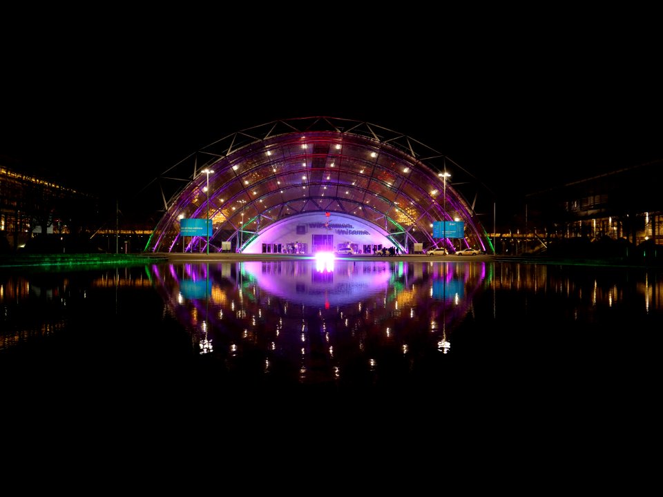 Leipzig fair main entrance from outside at night during 36C3 on day 2 02