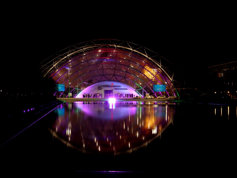 Leipzig fair main entrance from outside at night during 36C3 on day 2 14