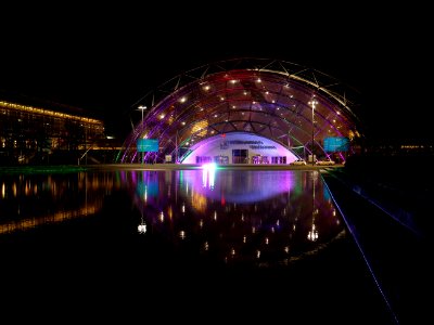Leipzig fair main entrance from outside at night during 36C3 on day 2 05