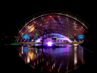 Leipzig fair main entrance from outside at night during 36C3 on day 2 08