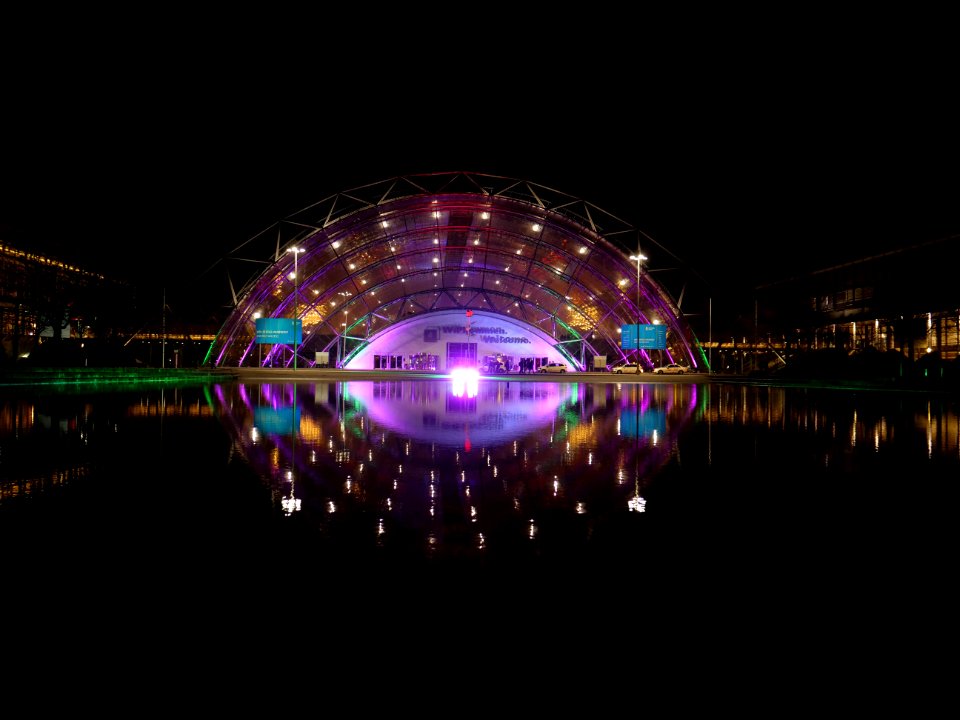 Leipzig fair main entrance from outside at night during 36C3 on day 2 01