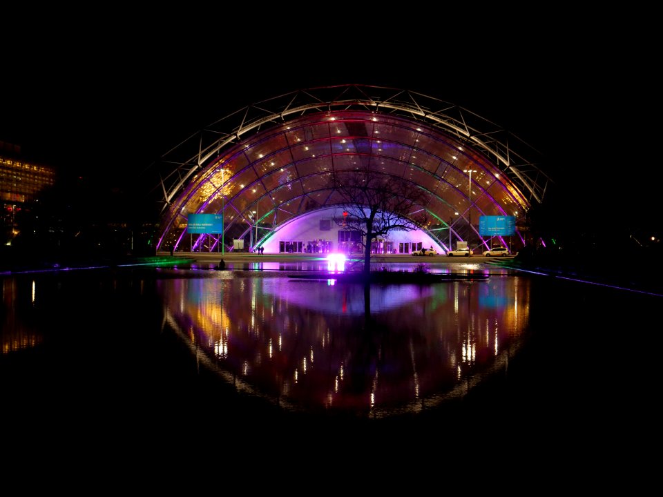 Leipzig fair main entrance from outside at night during 36C3 on day 2 09