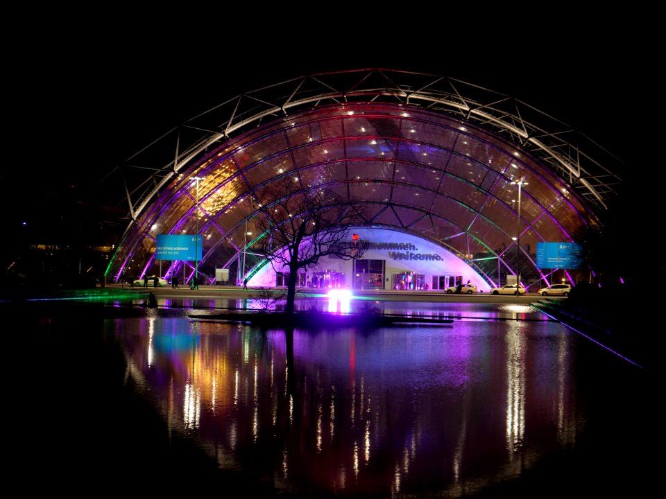 Leipzig fair main entrance from outside at night during 36C3 on day 2 06