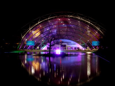 Leipzig fair main entrance from outside at night during 36C3 on day 2 07