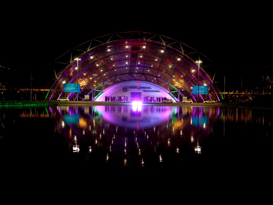 Leipzig fair main entrance from outside at night during 36C3 on day 2 04