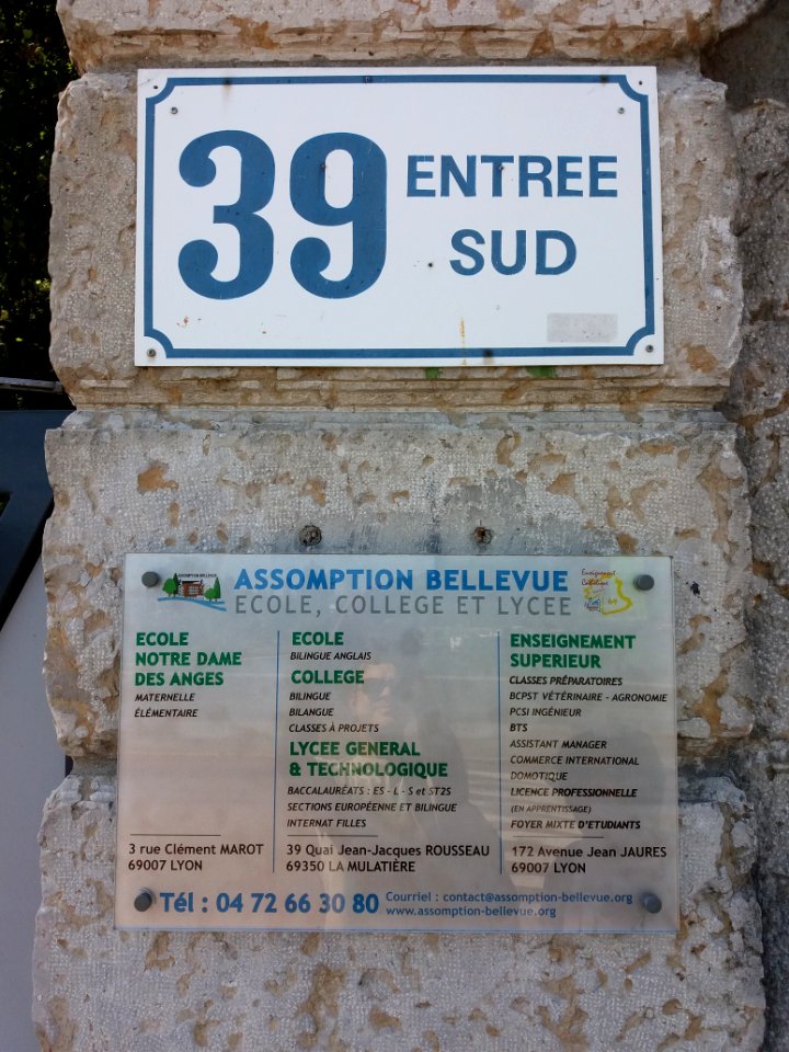 La Mulatière - Quai Jean-Jacques Rousseau - Numéro 39 - Plaque Assomption Bellevue