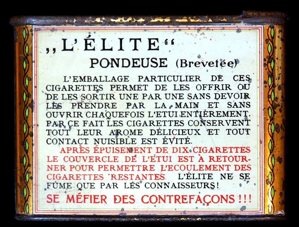 L Elite cigarettes tin, back