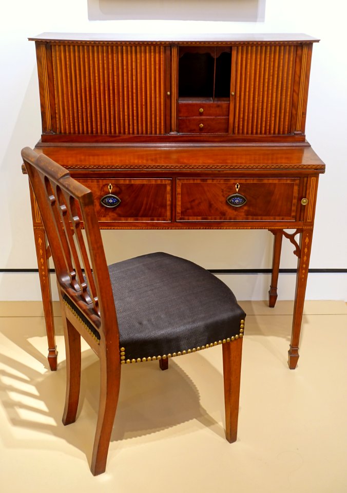 Lady's tambour desk, John Seymour, c. 1795, with side chair, Salem, Massachusetts, c. 1800, mahogany, pine, enameled hardware, reproduction upholstery - Peabody Essex Museum - DSC06684