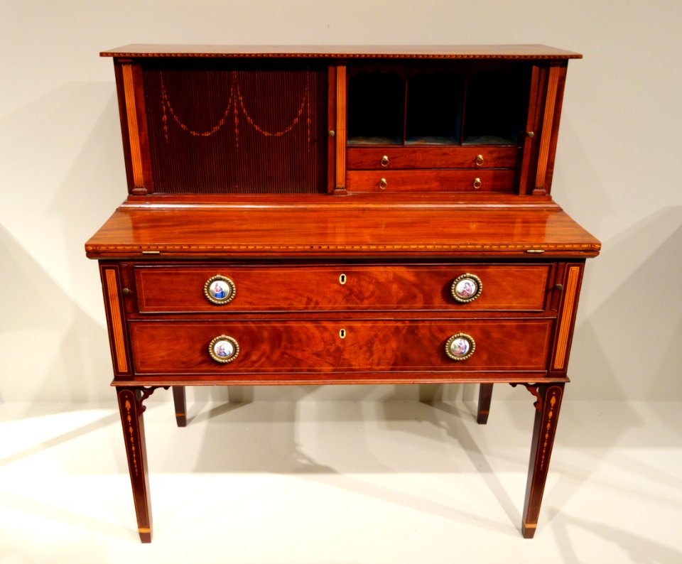 Lady's writing desk with tambour shutters, labeled 'John Seymour & Son, Cabinet Makers, Creek Square', Boston, 1793-1796, mahogany with ash, white pine, ivory, original brass and enamel- Winterthur Museum - DSC01377