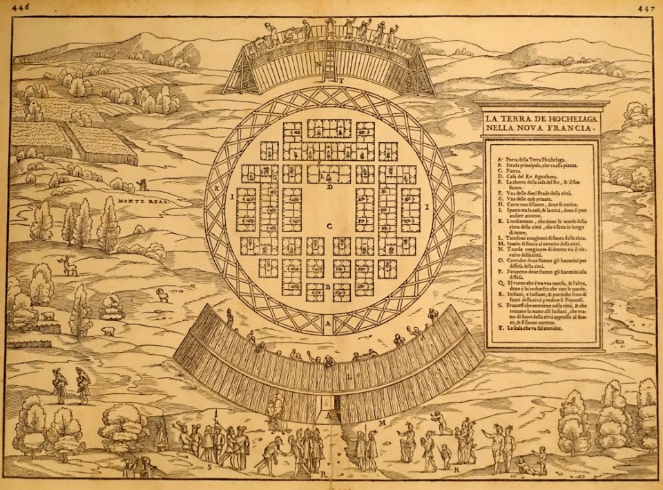 La terra de Hochelaga nella Nova Francia, illustrating Montreal at Cartier's second voyage, engraving from original by Giovannia Battista Ramusio, ink, paper - Château Ramezay - Montreal, Canada - DSC07379