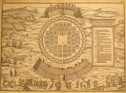 La terra de Hochelaga nella Nova Francia, illustrating Montreal at Cartier's second voyage, engraving from original by Giovannia Battista Ramusio, ink, paper - Château Ramezay - Montreal, Canada - DSC07379