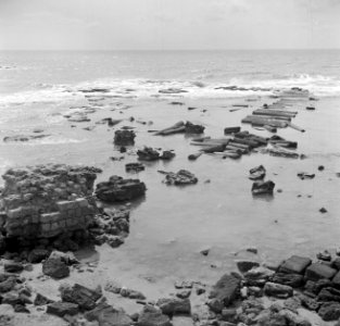 Kuststrook bij de haven van Caesarea Zuilen uit de romeinse tijd op het strand, Bestanddeelnr 255-1496