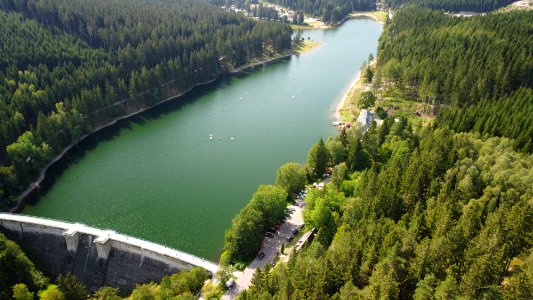 Lütsche Stausee, Lütsche dam, Thuringia, Germany, aerial Sept 2020