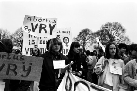 Landelijke vrouwenstakingsdag, in Den Haag werd i.v.m. landelijke vrouwenstakingsdag dem., demonstranten met borden, Bestanddeelnr 931-4036