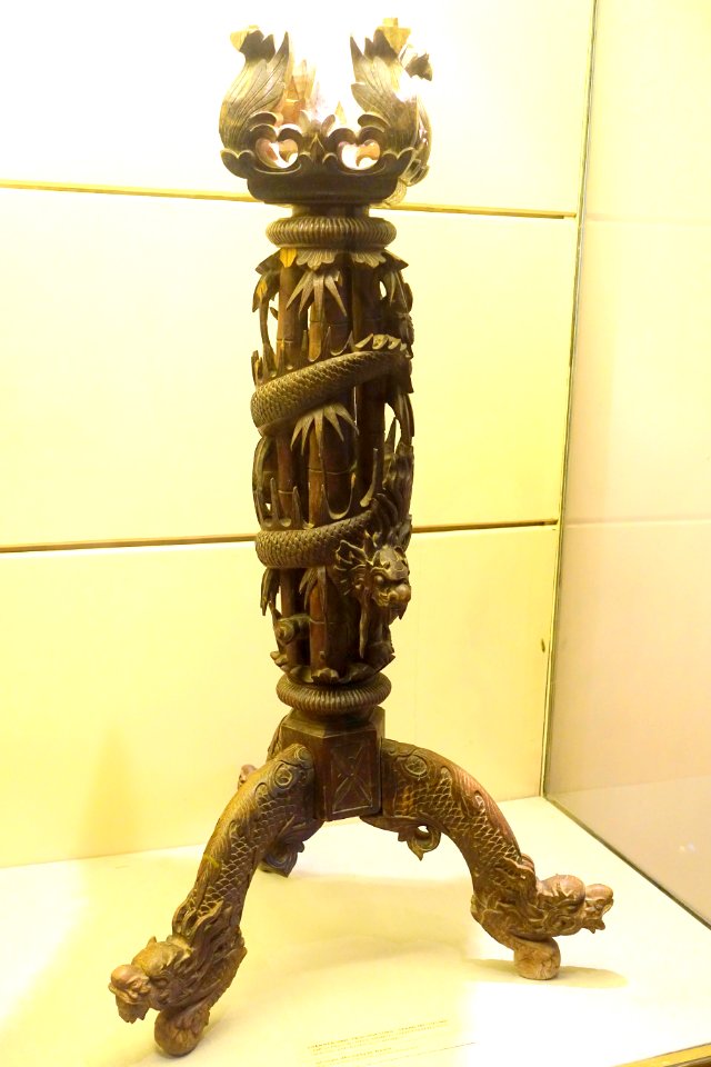 Lamp stand in the shape of 'bamboo transforming into dragon' and auspicious animals, for ritual use, early 20th century, carved wood - National Museum of Vietnamese History - Hanoi, Vietnam - DSC05573