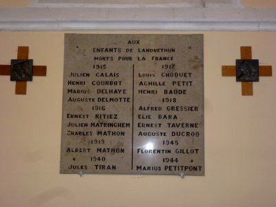 Landrethun-lès-Ardres (Pas-de-Calais) église, plaque memorial de guerre