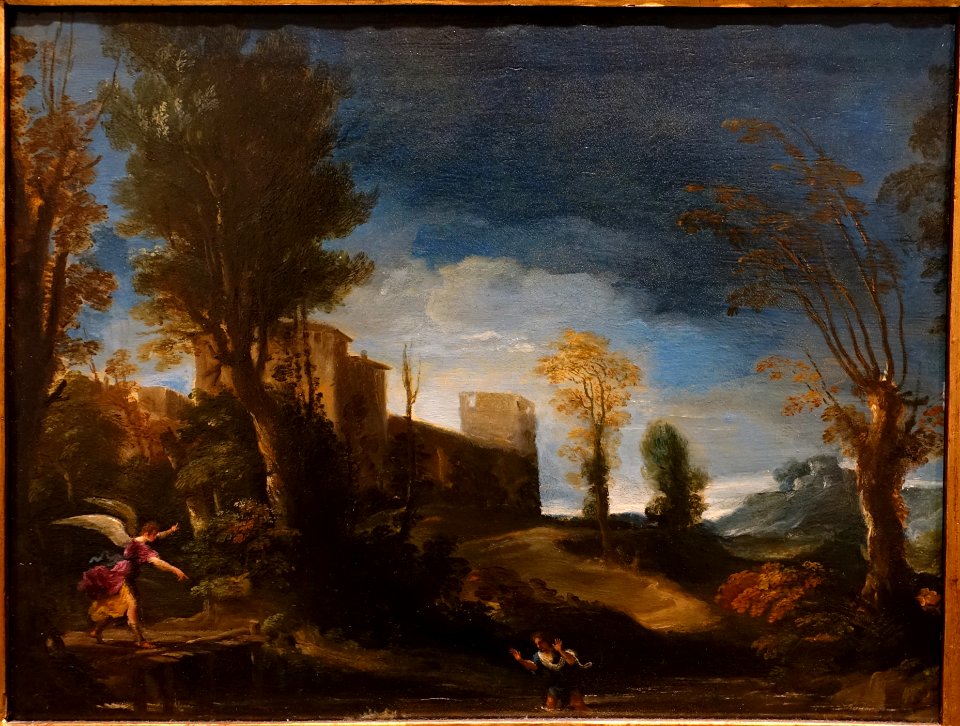 Landscape with Tobias and the Angel, by Giovanni Francesco Barbieri, called Guercino, c. 1616-1617, oil on copper - Blanton Museum of Art - Austin, Texas - DSC07765