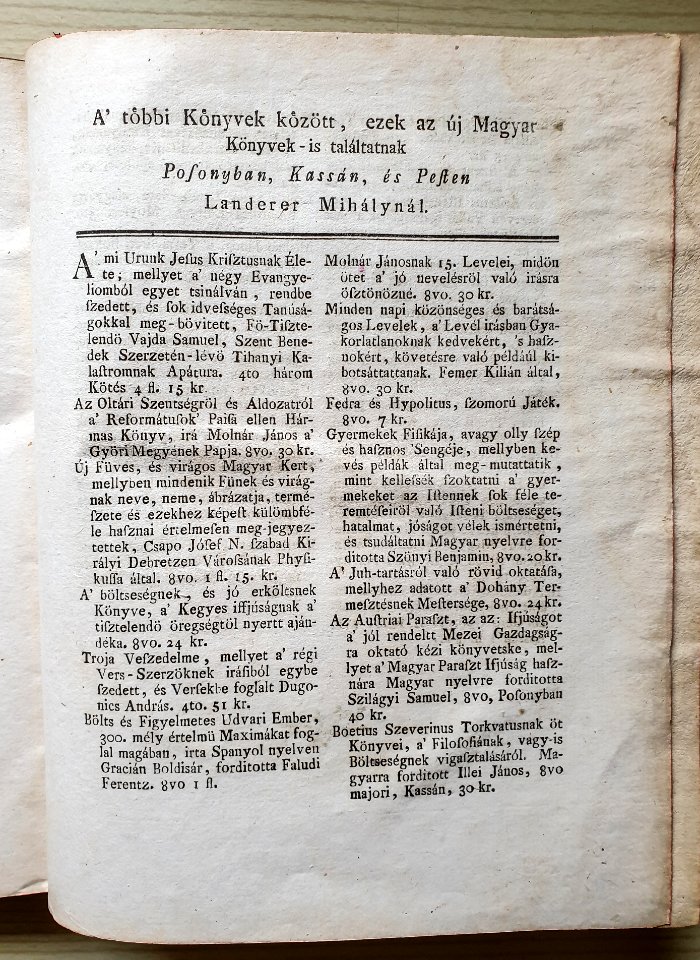 Landerer publishing house - Offering of its publications at the end of a book, 1777