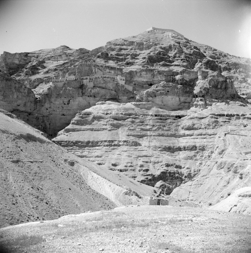 Landschap in de omgeving van Jericho. Op achtergrond de Wadi el Kelt met het St., Bestanddeelnr 255-5607