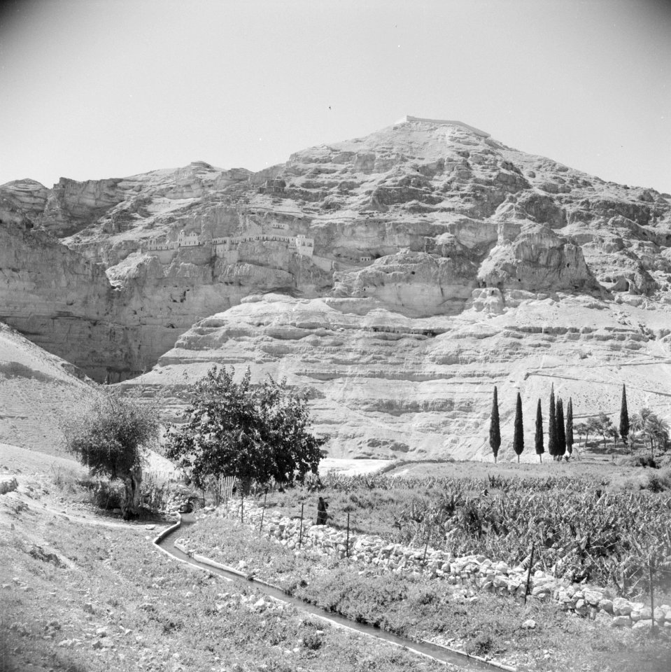 Landschap in de omgeving van Jericho. Op achtergrond de Wadi el Kelt met het St., Bestanddeelnr 255-5608