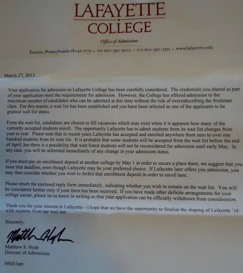 Lafayette College admissions department waitlist letter
