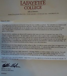 Lafayette College admissions department waitlist letter