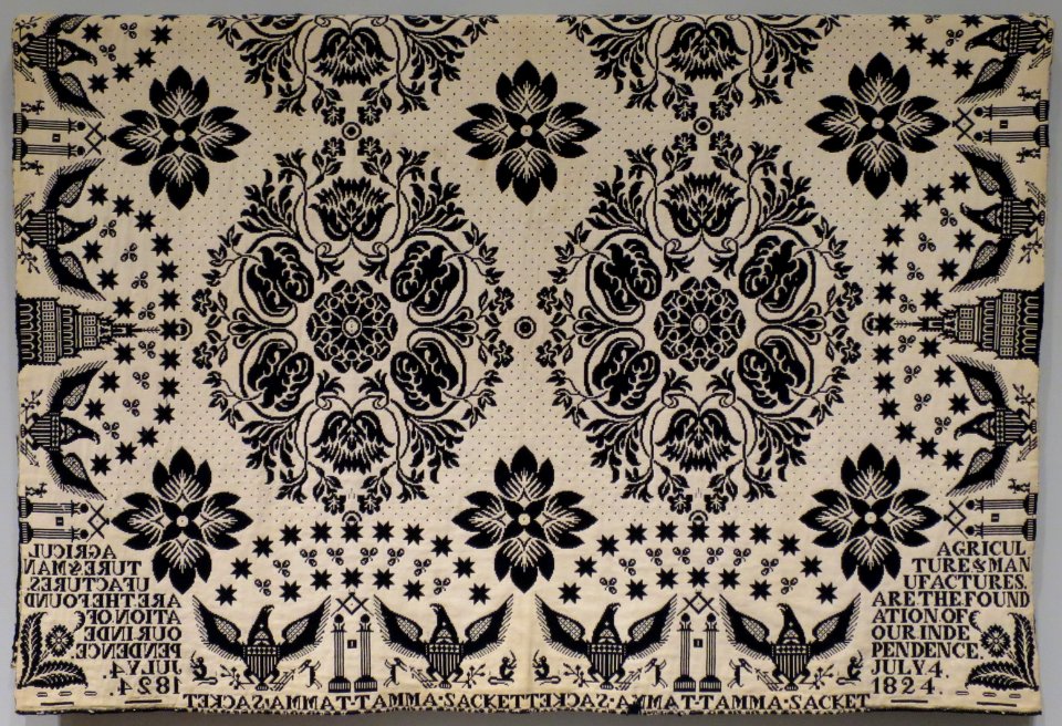 Lafayette commemorative coverlet, American, 1824, double weave, Jacquard loom, blue and white cotton, Dayton Art Institute