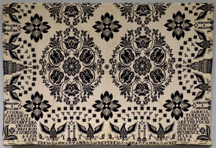 Lafayette commemorative coverlet, American, 1824, double weave, Jacquard loom, blue and white cotton, Dayton Art Institute