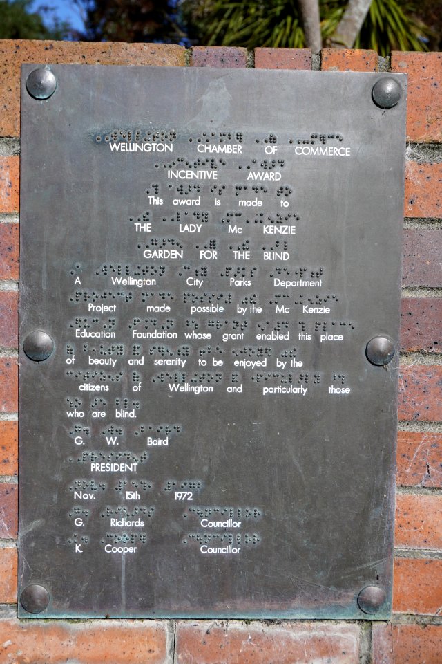 Lady McKenzie Garden for the Blind - Plaque for award by Wellington Chamber of Commerce