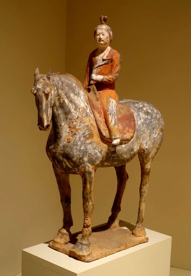 Lady on horseback, Shaanxi or Henan province, China, Tang dynasty, 675-750 AD, earthenware with gray, red, white pigment - Portland Art Museum - Portland, Oregon - DSC08385